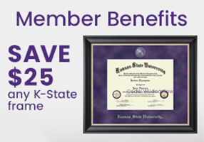 Photo of a living room with a K-State diploma frame and this text: Member Benefits, save $25 any K-State frame