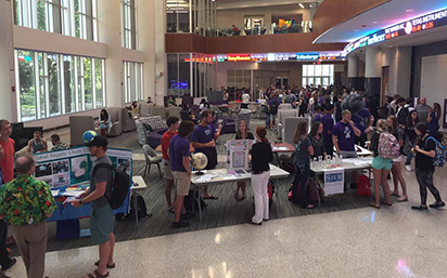 Students in business building