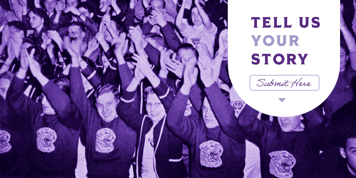 Photo of K-State Alumni cheering with the text: TELL US YOUR STORY, Submit Here