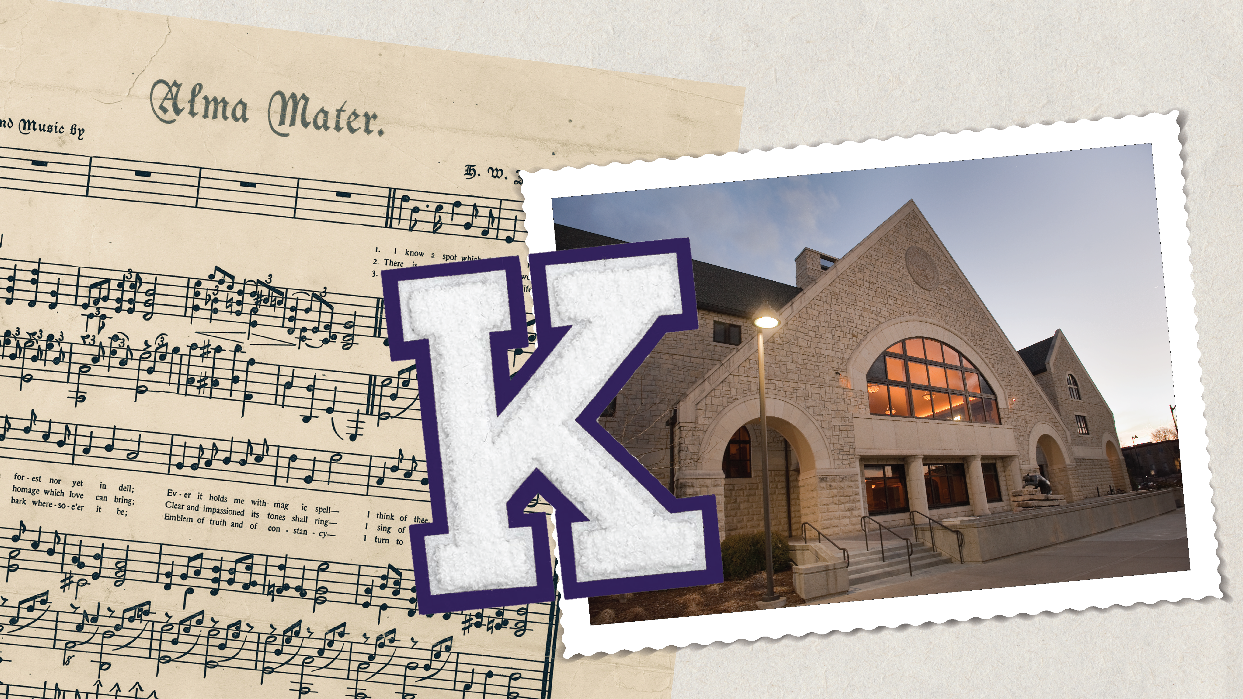 Alma Mater sheet music, varsity letter K and a photo of the K-State Alumni Center