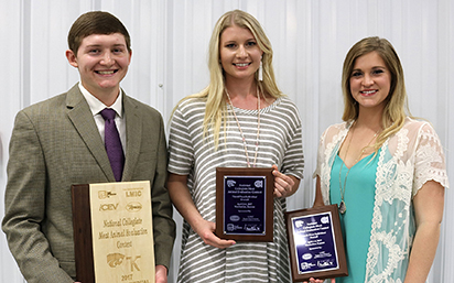 Chase Gleason won the overall individual title at the Collegiate Meat Animal Evaluation Contest. Shelby Teague placed third, and Brooke Jensen was fourth. (Courtesy photo)
